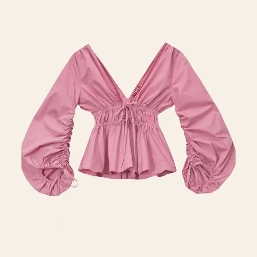 STAUD M Shelby Top Pink | Feminine Peplum, Bows Balloon Puff Cottage Blouse $275